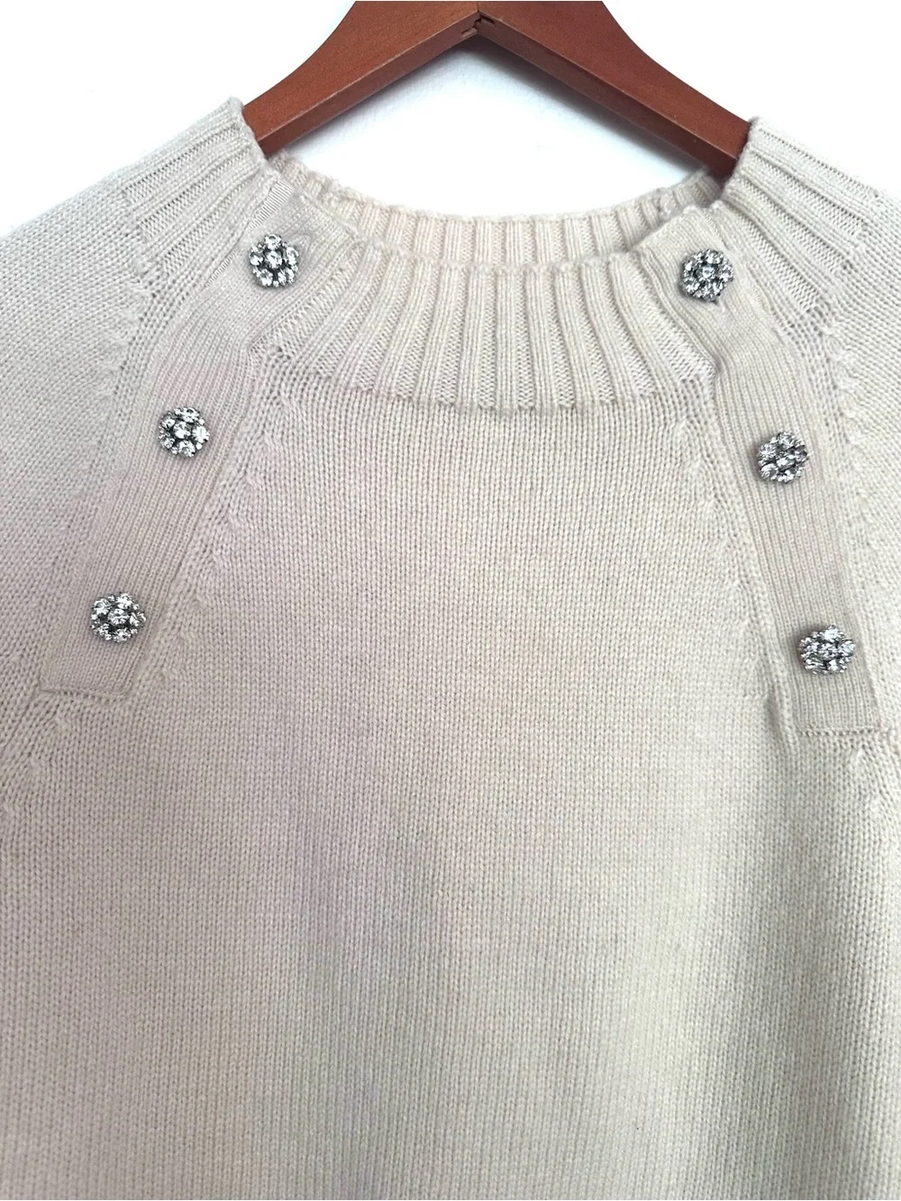 J. Crew Cream Crewneck Sweater with Diamond Rhinestone Buttons Size Medium